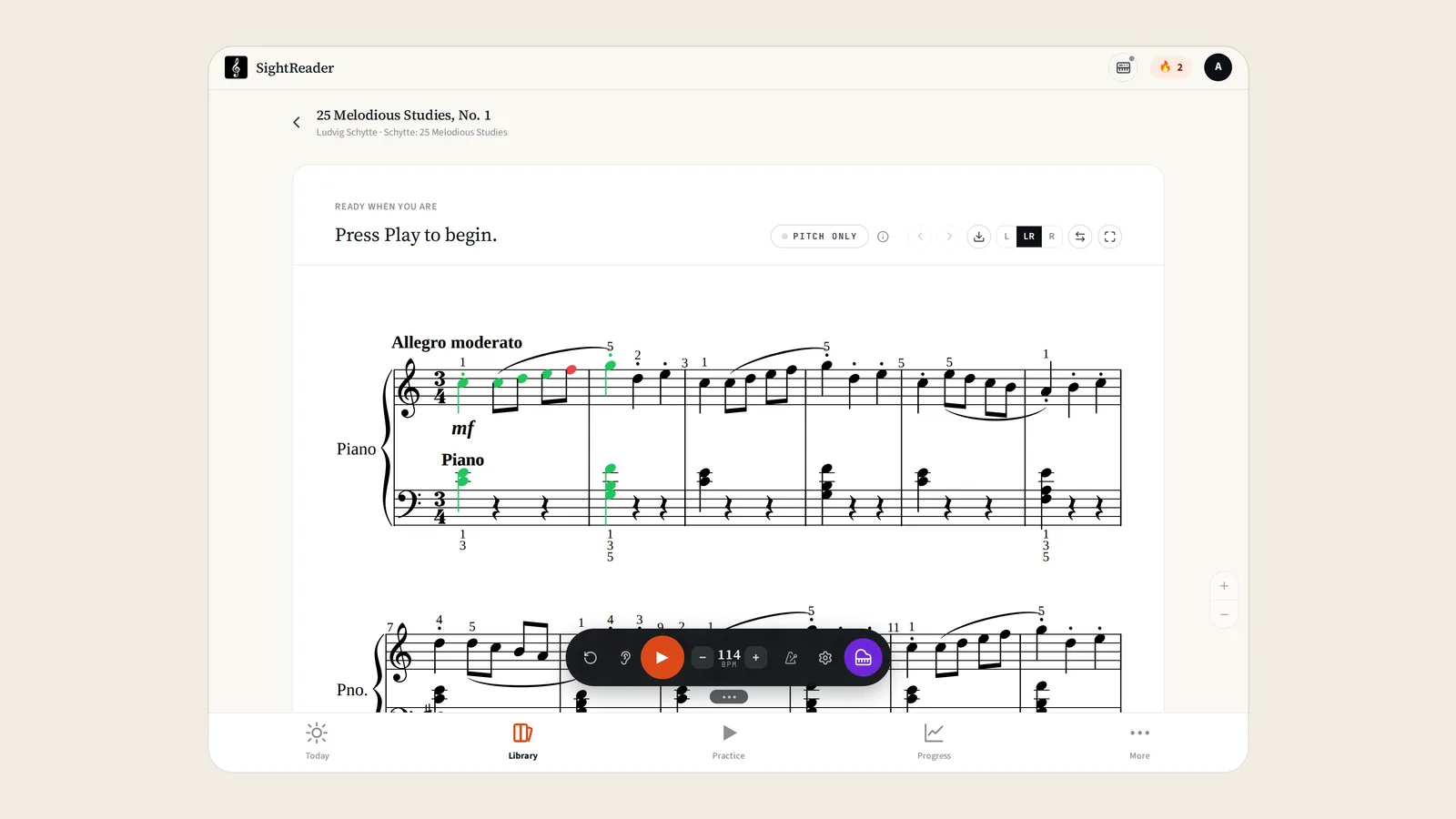 SightReader open on a tablet, showing a Schytte study with the notes just played marked green