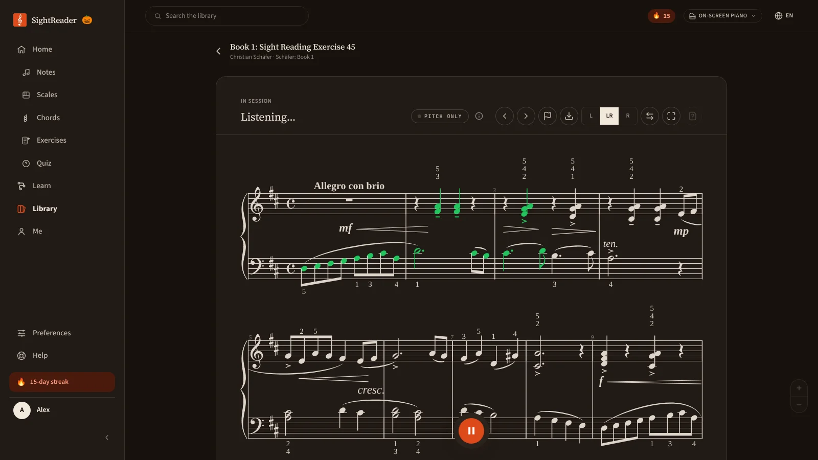 Une étude de Schäfer en cours de jeu en mode sombre, avec la partition sur papier sombre et les notes déjà jouées en vert