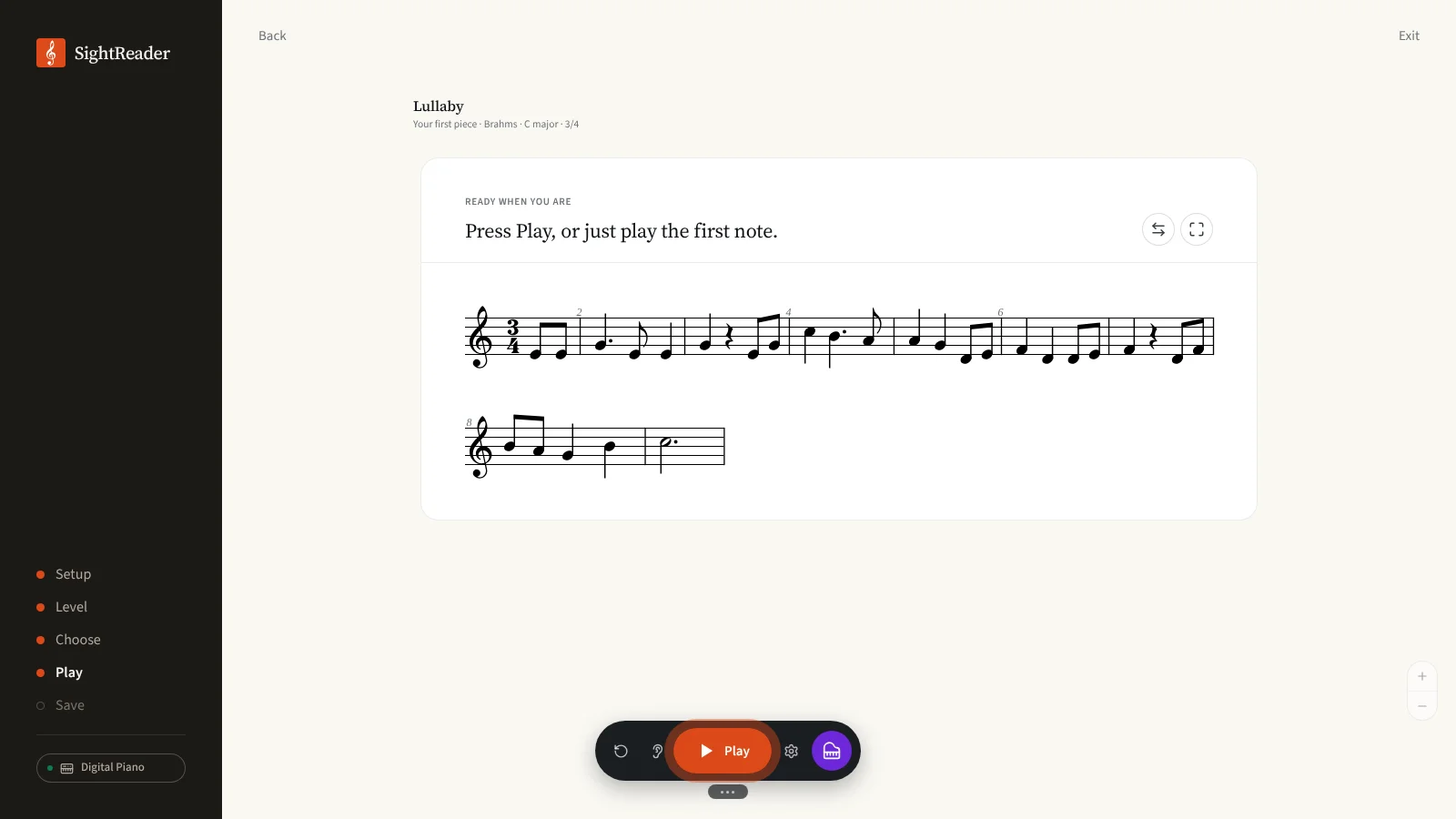 Un premier morceau pour un nouveau visiteur, la Berceuse de Brahms, avec l’invite « Appuie sur Jouer, ou joue directement la première note »