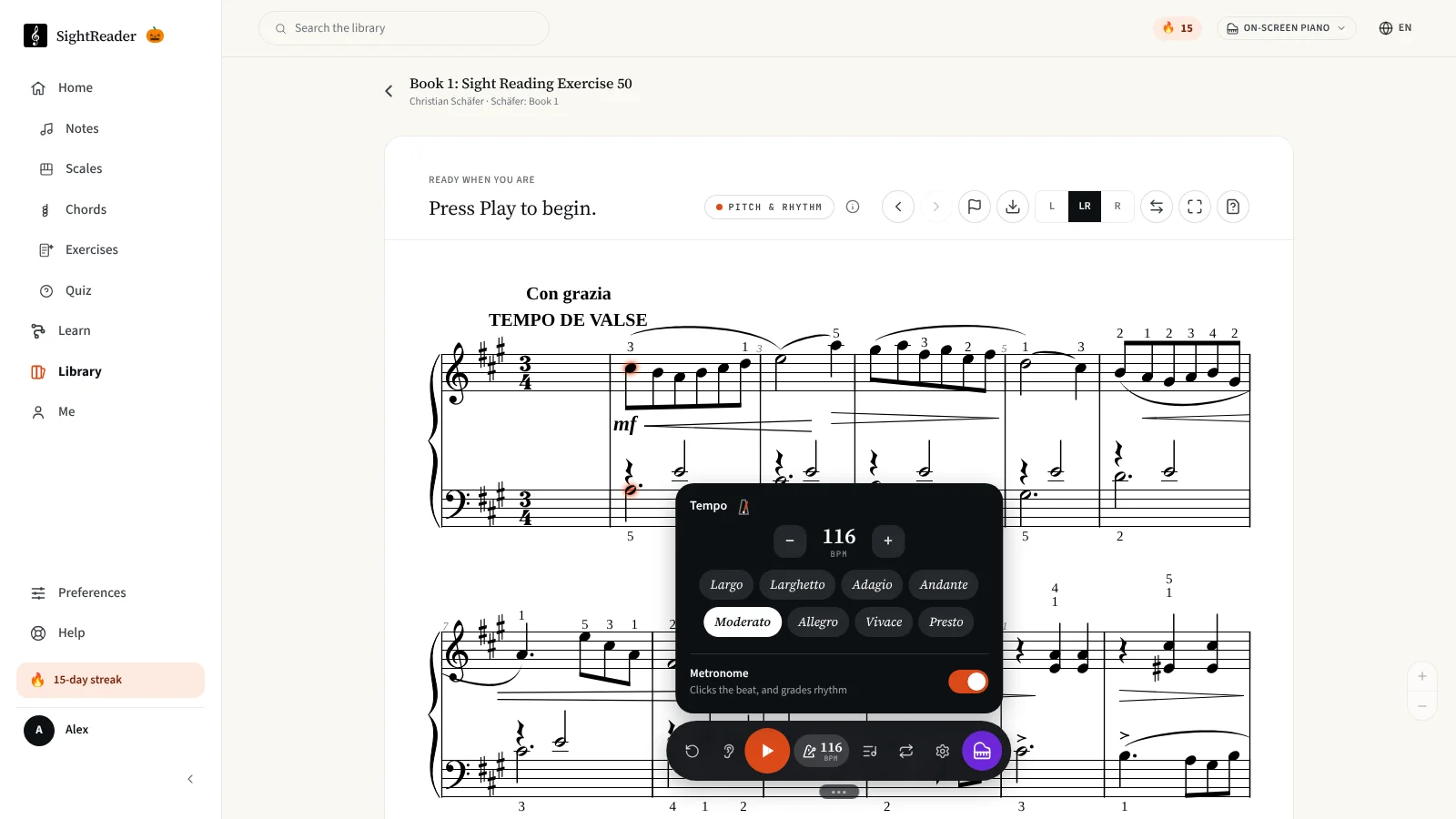 Le panneau de tempo ouvert sur une étude de Schäfer : 116 BPM, les indications de Largo à Presto avec Moderato choisi, et le métronome activé