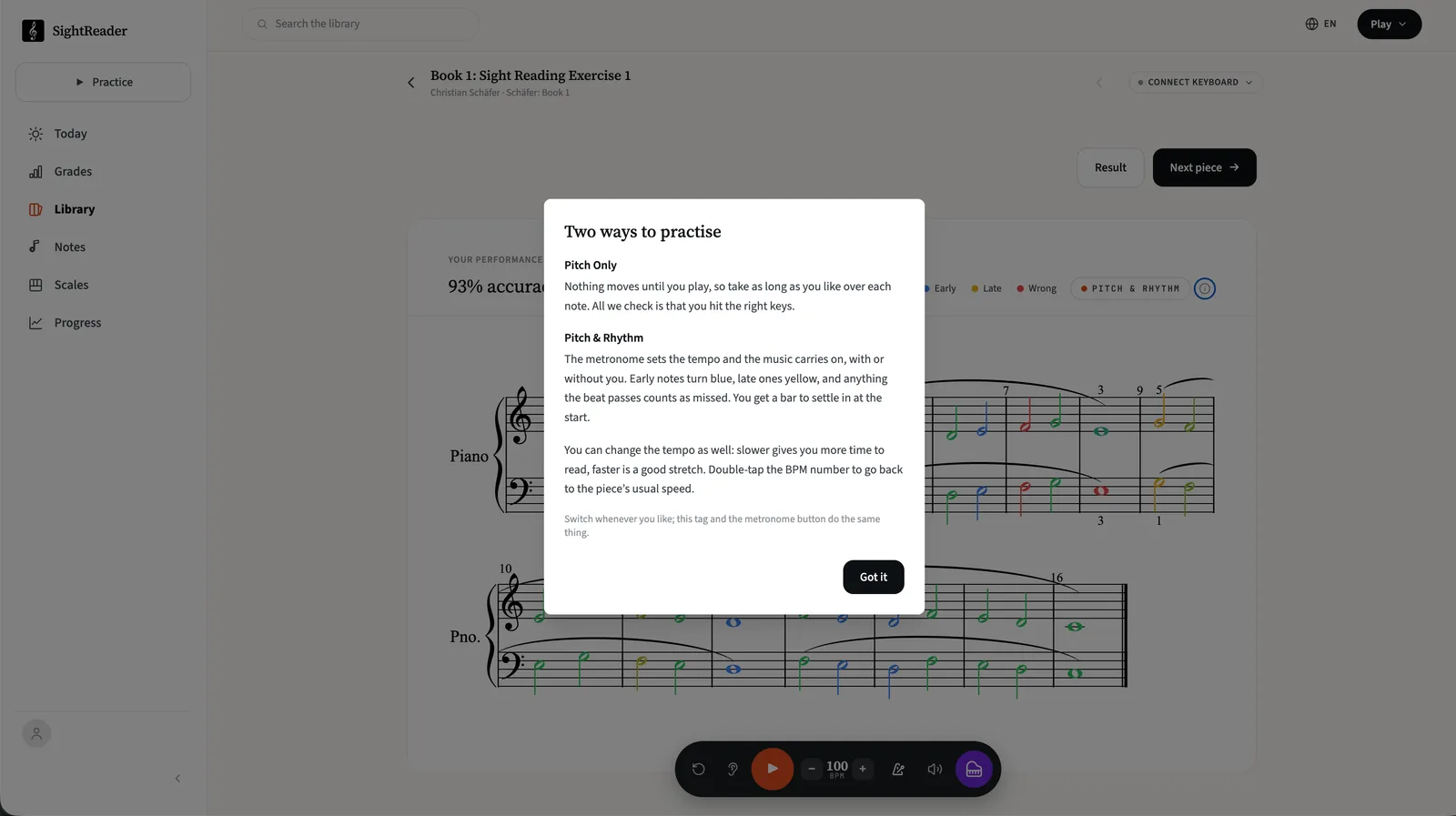 El panel «Dos formas de practicar» de SightReader, que describe los modos Solo notas y Notas y ritmo