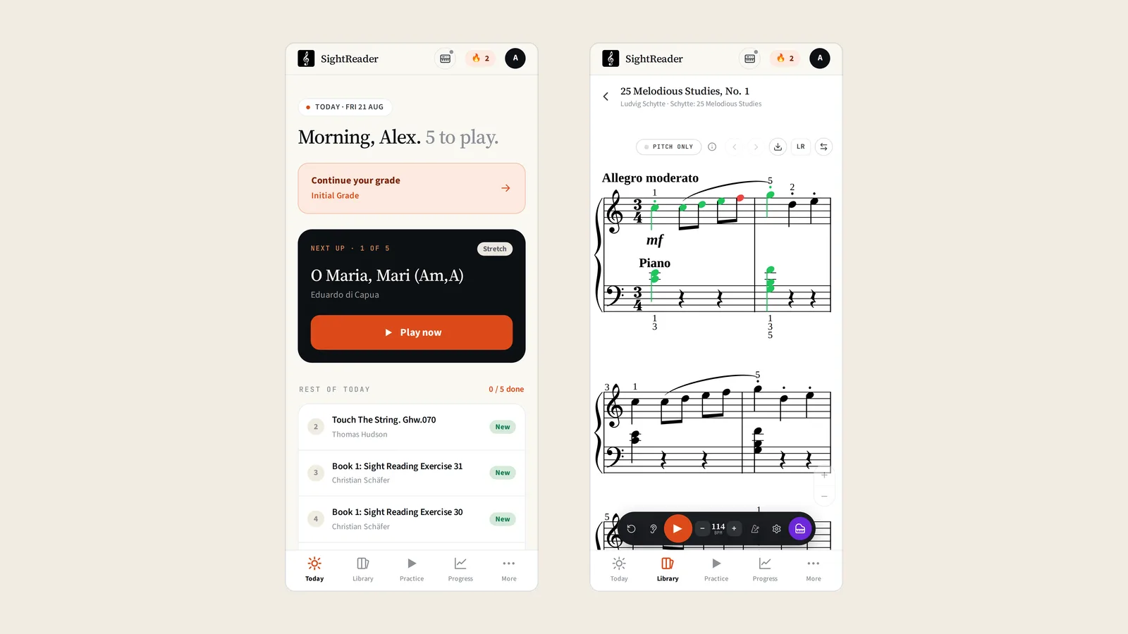 SightReader running on two phones: the daily practice screen on the left, and a piece being marked note by note on the right