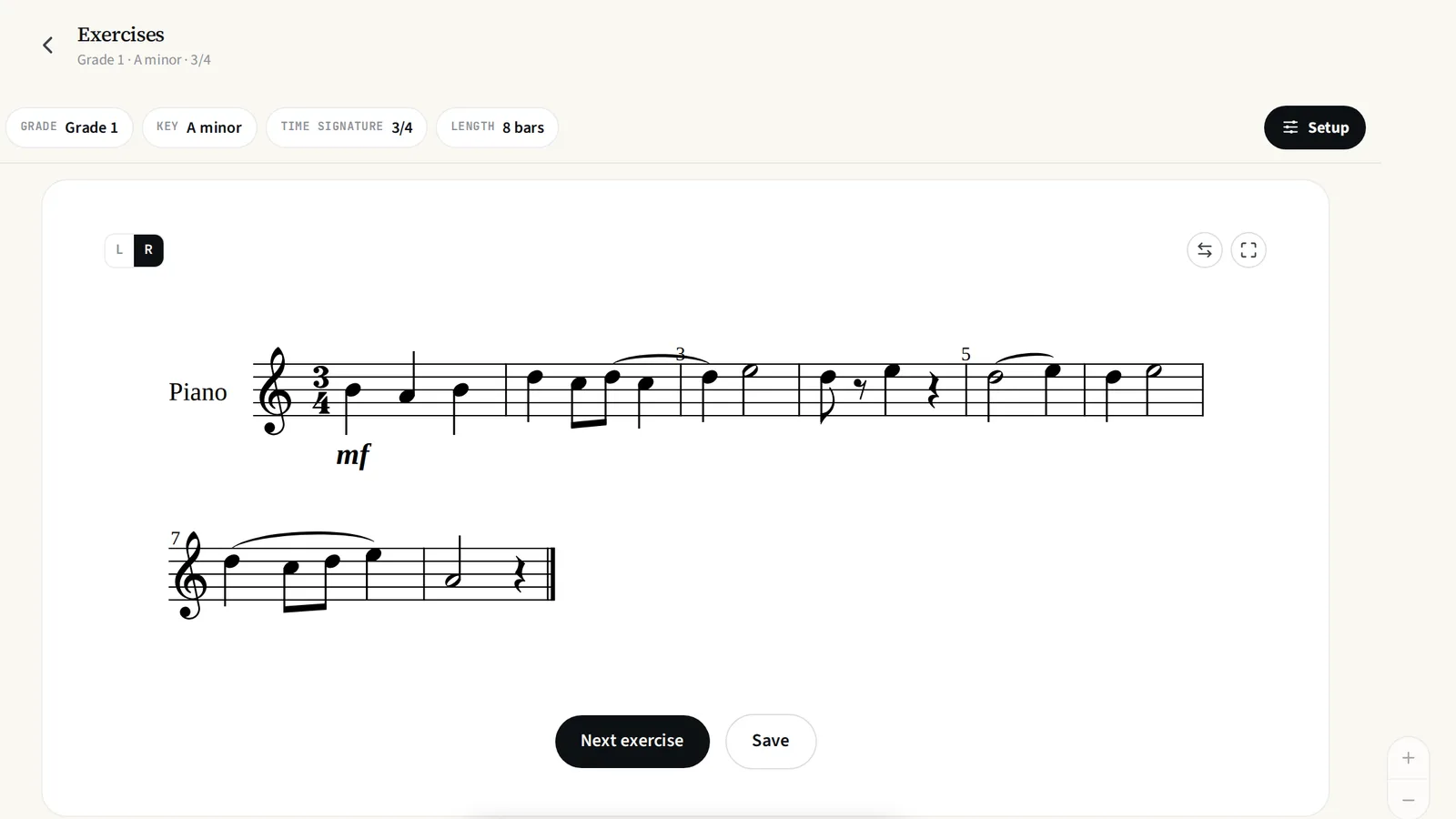The Exercises page, showing a freshly generated eight-bar exercise at Grade 1, with buttons to generate another or save it