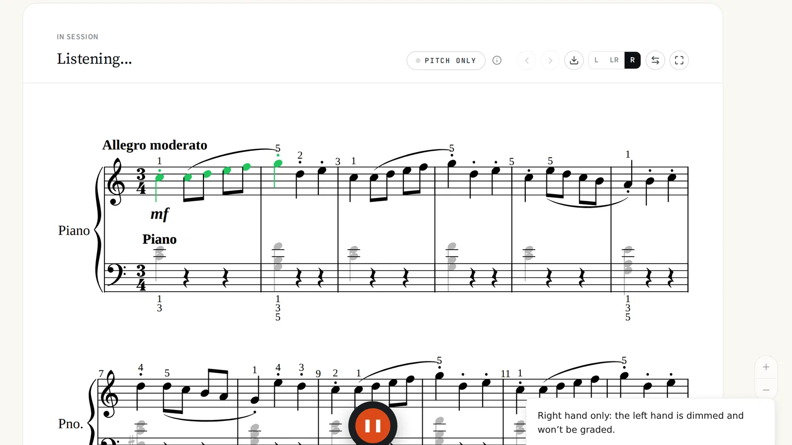 A Schytte study with the right hand selected: the left hand is dimmed on the page and only the right hand is being marked