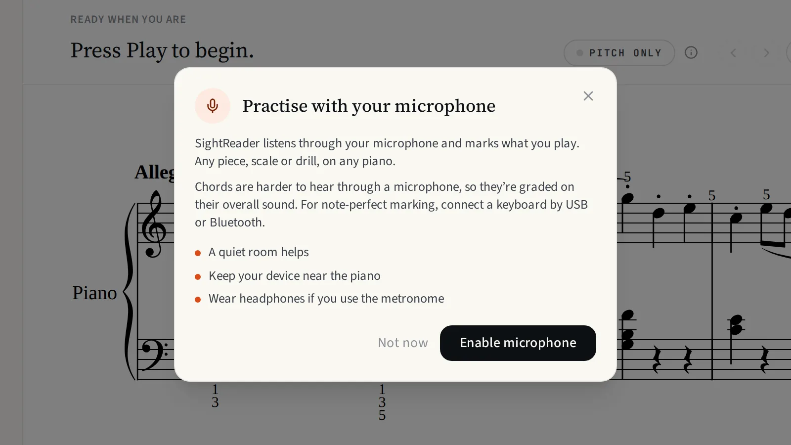 The microphone explainer in SightReader, saying it listens through your microphone and marks what you play, with a note that chords are graded on their overall sound
