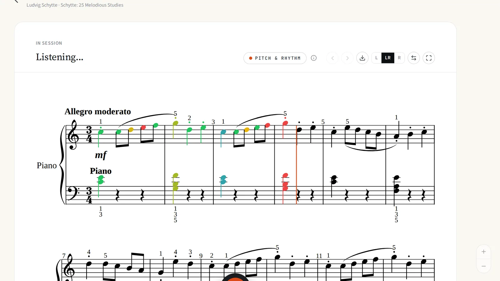 A piece being played in Pitch & Rhythm mode, with notes coloured green for in time, blue for early, yellow for late and red for missed