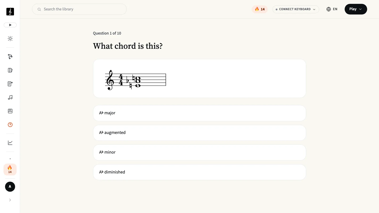 A quiz question asking what chord is shown on the stave, with four possible answers