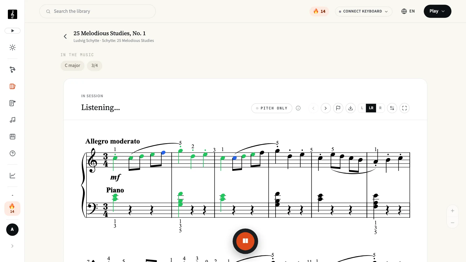 A Schytte study being played with Wait for the right note switched on: correct notes are green, and two notes found after a wrong attempt are blue
