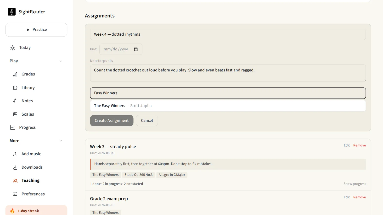 Creating an assignment in SightReader, with a title, a due date, a note for pupils and a piece search