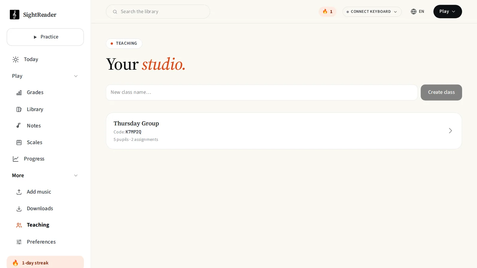 The SightReader teaching dashboard listing a class called Thursday Group with its join code, five pupils and two assignments
