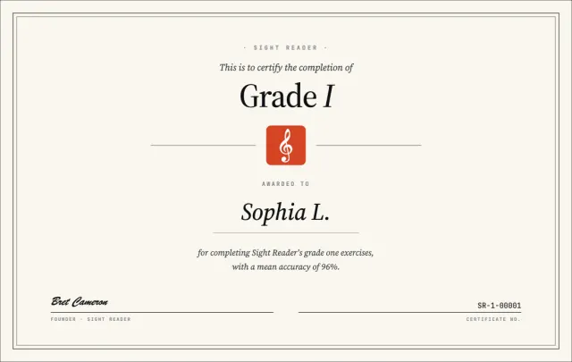 Sample Grade 1 sight-reading certificate