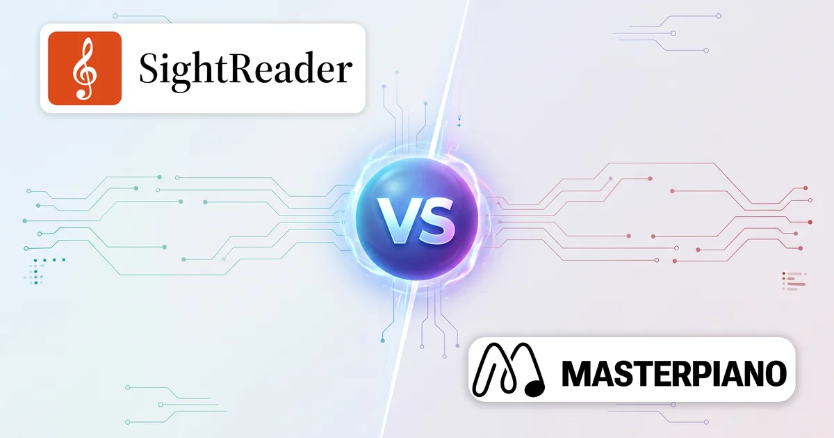 Los logotipos de SightReader y MasterPiano a ambos lados de un emblema de “VS”