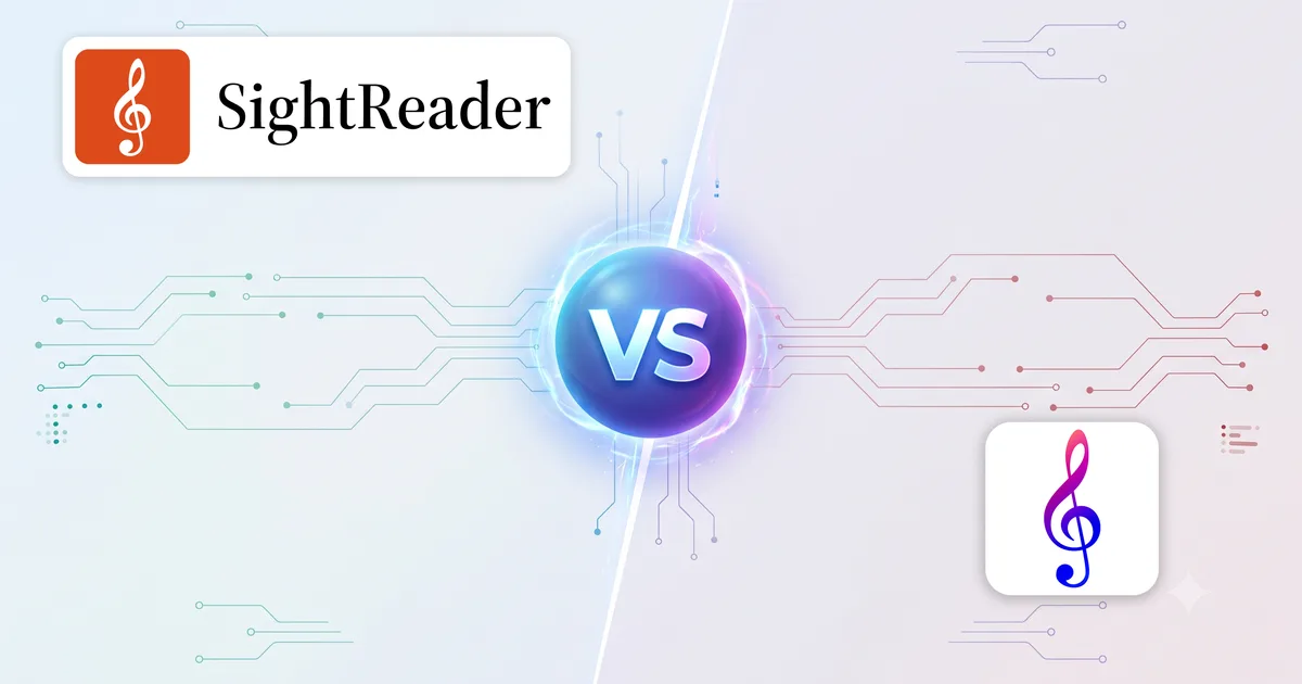 Los logotipos de SightReader y Music Tutor a ambos lados de un emblema de “VS”