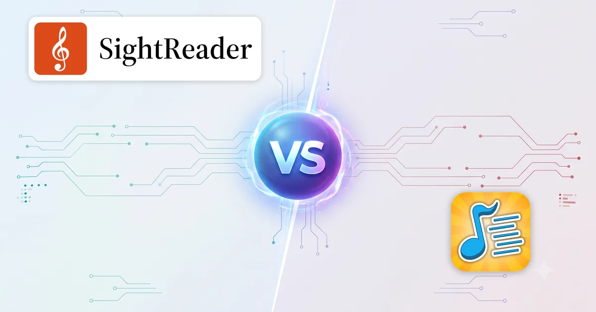 Los logotipos de SightReader y Note Rush a ambos lados de un emblema de “VS”