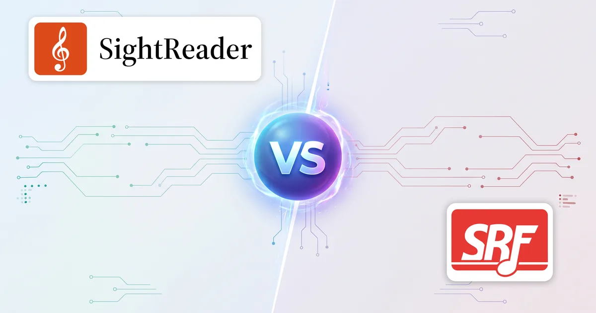 Los logotipos de SightReader y Sight Reading Factory a ambos lados de un emblema de “VS”